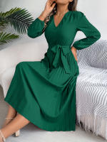 Vestido Elegante De Mujer Con Botones Y Cuello En V Manga Larga Plegado Con Cierre De Lazo Estilo Casual A-Line Para Primavera/Otoño - details 22