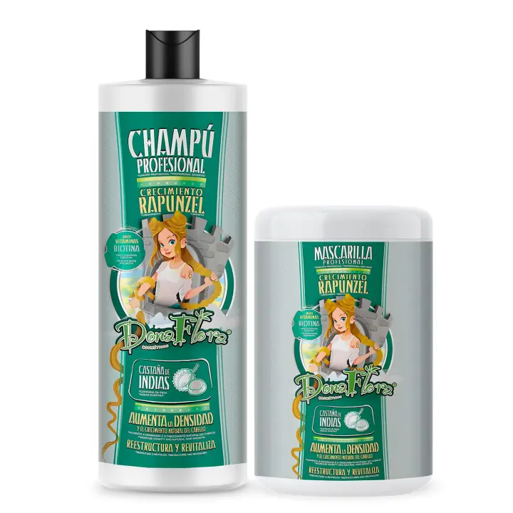 Pack Dona Flora Rapunzel Total: Champú 1000ml + Mascarilla Capilar 1000ml - Crecimiento para Todos los Tipos de Cabello con Vitaminas, Biotina y Extracto de Castaño de Indias - Vendido por Beauty World Distributor - 1