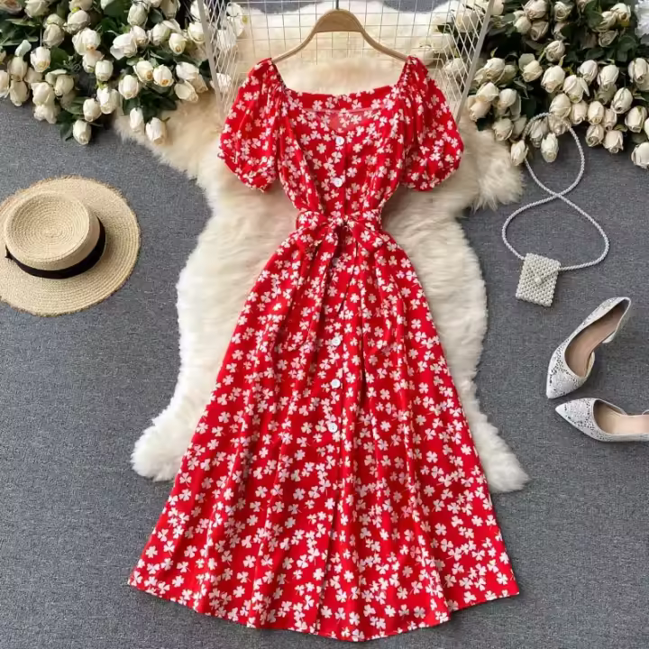 Vestido Midi Elegante De Verano Para Mujer Con Cuello En V Estampado Floral Manga Acolchada Cintura Alta Botones Vestido De Playa Rojo/Amarillo/Negro - 1