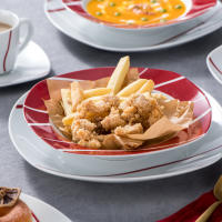 MALACASA-Serie Felisa-Juego 30 piezas de vajilla de porcelana para cena, conjunto de cena color blanco marfil con rayas rojas, con 6 piezas de tazas, ensaladera, platos de sopa, cena y postre - details 8
