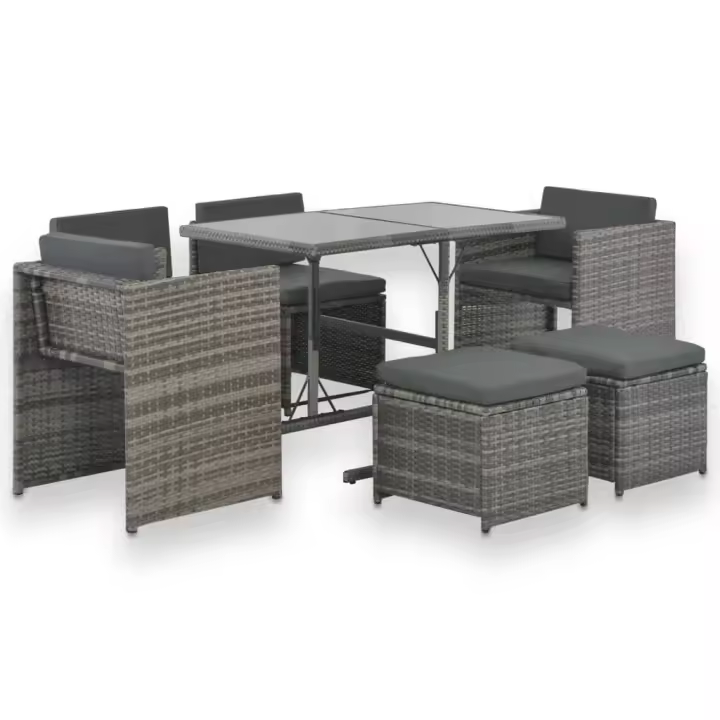vidaXL Set de comedor de jardín 7 pzs y cojines ratán sintético gris - 1