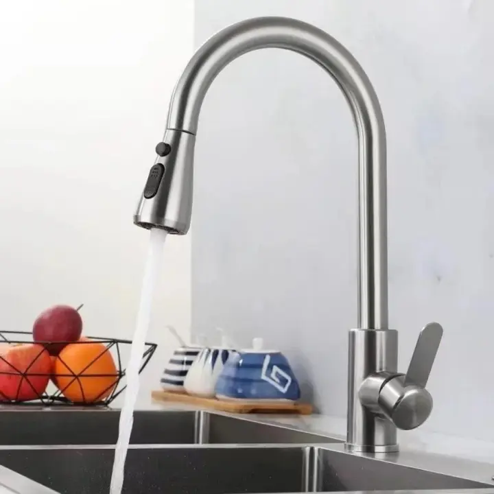 Grifo De Cocina Pull out En Acero Inoxidable 304 Montado En La Plataforma Con Cabezal De Rociador Tapa Fría Y Caliente Tipo De Manillar: Individual - 1