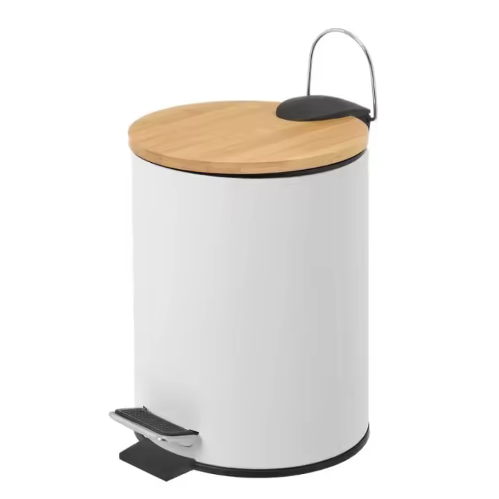 Dcasa Papelera de pedal blanca de bambú y metal de 3 litros - 1