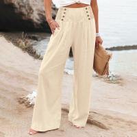 Pantalones Palaciegos De Lino Algodón Para Mujer Cintura Alta Baja Elasticidad Estilo Casual Con Bolsillos Y Botones Color Sólido Verano - details 28