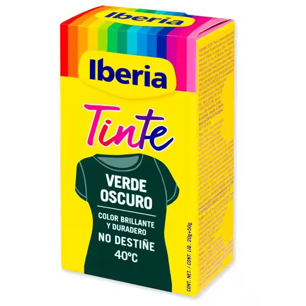 Tinte textil VERDE OSCURO IBERIA.  Con los tintes iberia podrás cambiar el color de tu ropa o recuperar el color de tus prendas desgastadas. Colores intensos y brillantes, máxima fijación del color. Se puede teñir a mano o máquina. - 1