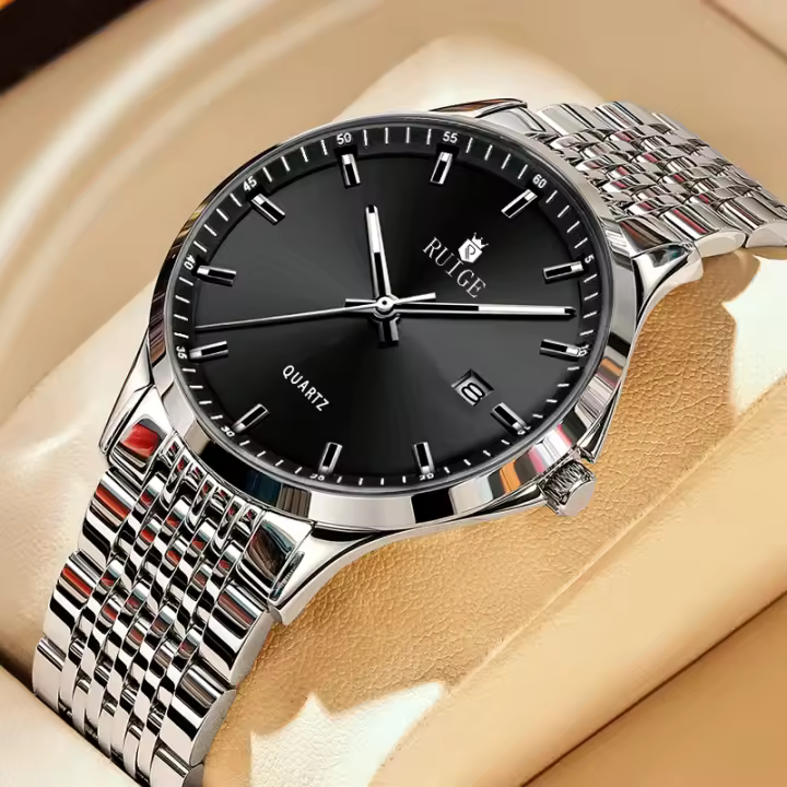Reloj De Cuarzo Para Hombre RUIGE Acero Inoxidable Impermeable Con Calendario Y Luz Nocturna Estilo Versátil Moda B2-2 - 1