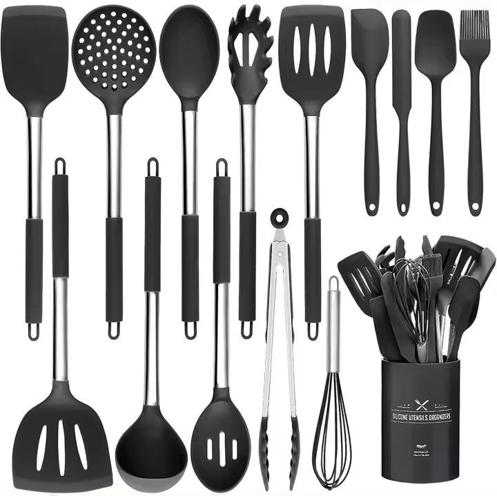 Juego de Utensilios de Cocina, Utensilios de Cocina de Silicona Resistentes al Calor con Mangos de Acero Inoxidable Antiadherentes, Negro, 15 Piezas - 1