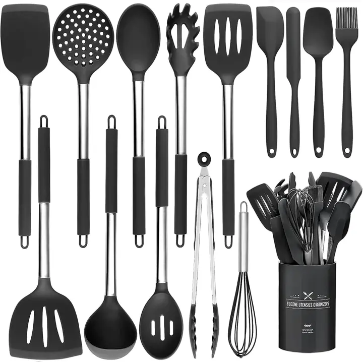 Juego de Utensilios de Cocina, Utensilios de Cocina de Silicona Resistentes al Calor con Mangos de Acero Inoxidable Antiadherentes, Negro, 15 Piezas - 1
