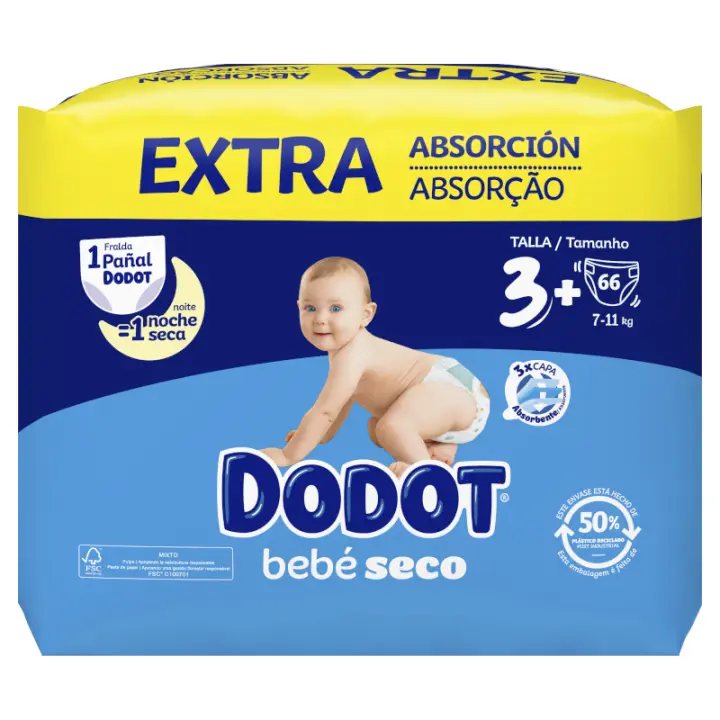 Pañales Dodot Bebé Seco Talla 3+ (7-11kg) – 66 Unidades con Extra Absorción y Máxima Comodidad ROUA - 1
