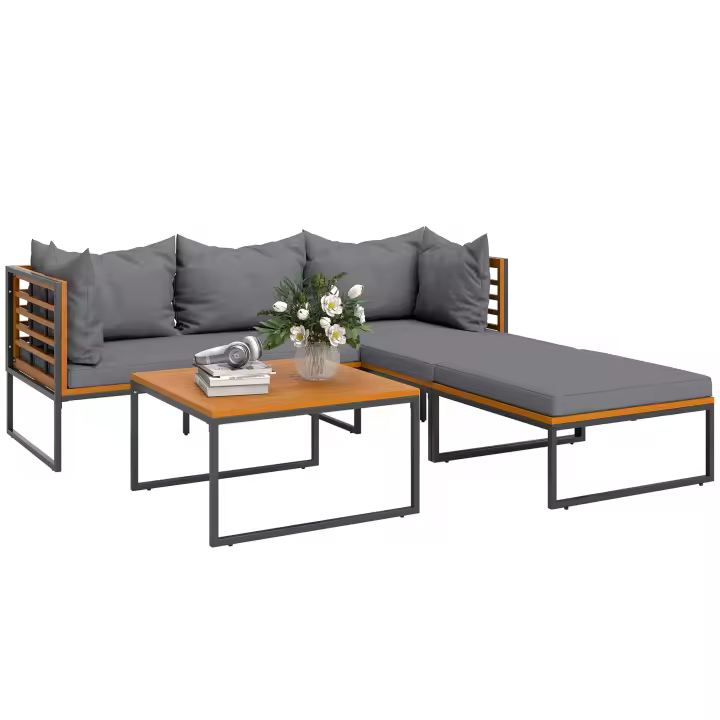 Outsunny Conjunto de Jardín Exterior de 4 Piezas Muebles Jardín Exterior en Forma de L con 2 Sofás de 2 Plazas Sofá de Esquina y Mesa de Centro de Madera de Acacia con Cojines Acolchados Gris y Teca - 1