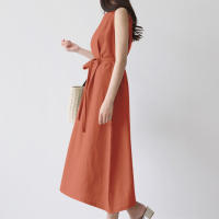 Vestido Largo De Verano Para Mujer Estilo Vintage De Algodón Y Lino Cuello Redondo Sin Mangas Cinturado Talla Grande Casual - details 15
