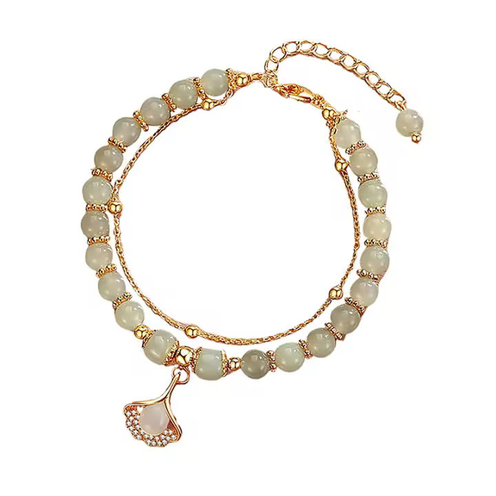 Pulsera De Doble Capa With Pendiente De Hoja De Naranja Imitación De Jade Chino Estilo Para Mujer Joyería De Moda Accesorios - 1