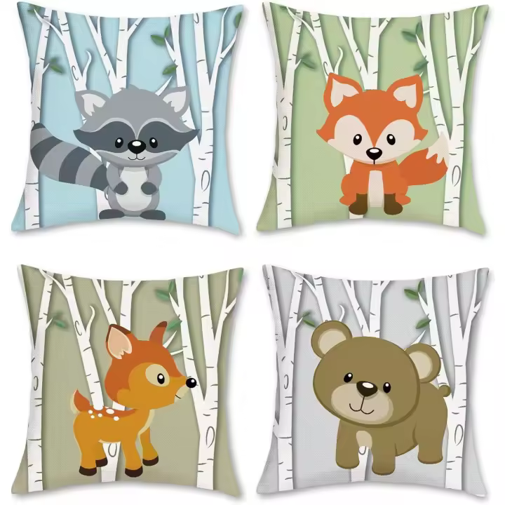 Fundas de peluche de Animales, 45x45 cm, Ciervo, Zorro, Abedul, fundas de almohada Decorativas, Juego de 4 fundas de almohada de Lino y poliéster - 1
