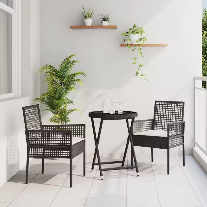 Conjunto de Bistro de Jardín de 3 Piezas vidaXL con Cojines de Ratán Sintético Negro - 1