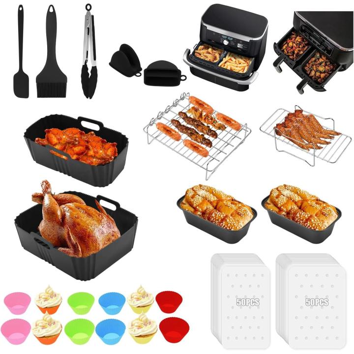 Set de 123 Accesorios para Freidora de Aire Doble Zona – Compatible con Cecotec, Tefal, Tower, Salter y más | Moldes de Silicona, Rejillas de Acero Inoxidable, Pinzas, Guantes, Moldes para Cupcakes, Papel Antiadherente y Utensilios para Hornear | Kit Mult