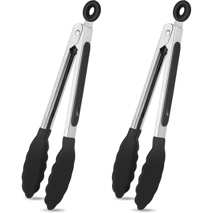 Pinzas para cocinar - 2 piezas de silicona - acero inoxidable y silicona - negro 20 cm - Pinzas para parrilla - pinzas para carne - 1