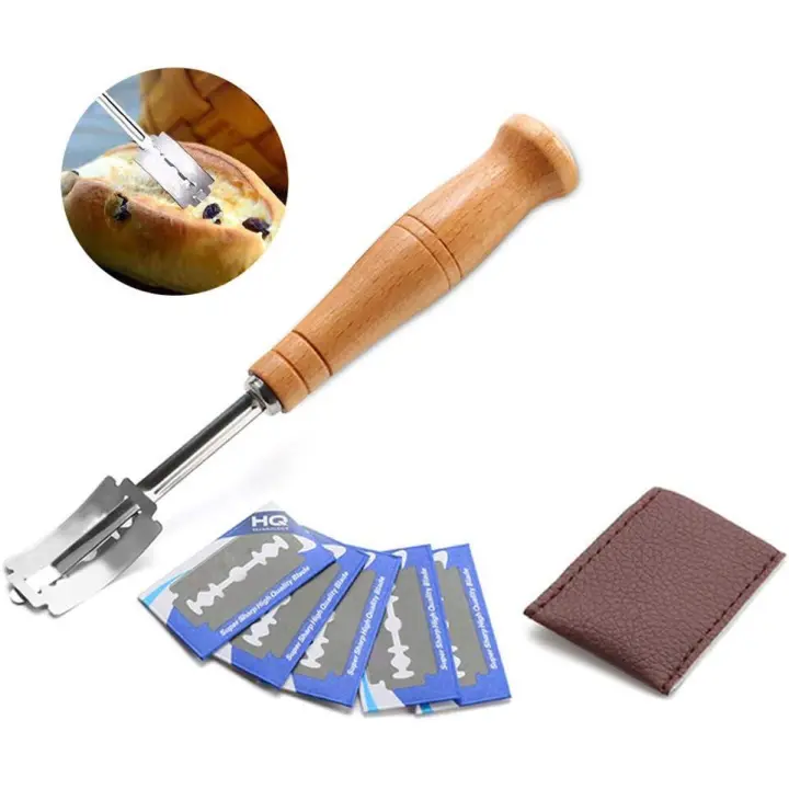 Cuchillo de panadero, cuchillo para pan, cuchillo para pan, cuchillo para pan, cuchillo para pan, cortador de hoja de panadero con mango de madera, con 5 hojas de acero inoxidable, cubierta protectora de cuero, para pan, baguette, masa, pretzel - 1