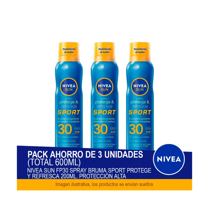 NIVEA SUN FP30 Spray Bruma Sport Protege y Refresca 200 ml. Protección alta - Pack ahorro de 3 unidades (total 600ml) - 1