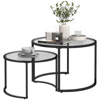 HOMCOM Juego de 2 Mesas Nido, Mesas de Centro para Salón Redondas, Tablero de Vidrio Templado y Marco de Acero, para Dormitorio y Oficina, Grande 70 cm, Pequeña 54 cm, Negro y Transparente - details 0