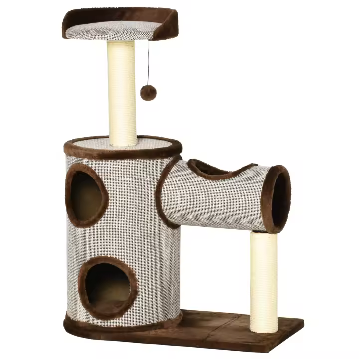 PawHut Árbol Rascador para Gatos Mediano Altura 104 cm Torre Escalador de Gato con Barril Rascador Cama Superior Túnel Postes de Sisal y Bola Colgante 75x39x104 cm Marrón - 1