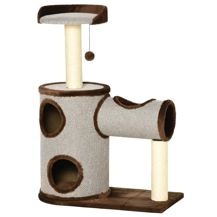PawHut Árbol Rascador para Gatos Mediano Altura 104 cm Torre Escalador de Gato con Barril Rascador Cama Superior Túnel Postes de Sisal y Bola Colgante 75x39x104 cm Marrón - 1