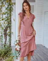 Vestido Largo Medio De Verano Para Mujer Con Manga Volante Y Cuello V Estilo Casual Suelto A-Line Sin Capucha Material Viscosa Y Poliéster - details 7
