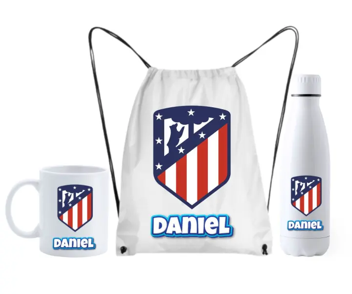 Atlético de Madrid - Mochila + Botella termo + taza (DEJAR NOMBRE EN CHAT O NOTAS) Escudo del Atletico Madrid + nombre - Regalo para hombre o mujer o niño - 1