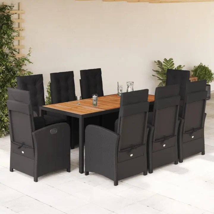 vidaXL Set de comedor de jardín 9 pzas y cojines ratán sintético negro - 1