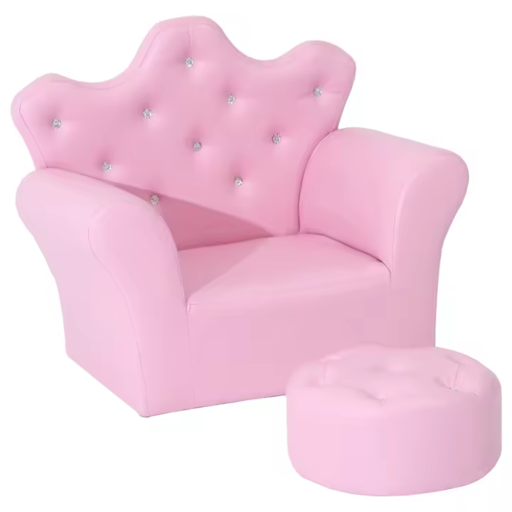 HOMCOM Sofá para Niños con Reposapiés Sillón Infantil Decorativo con Respaldo Alto en Forma de Corona y Reposabrazos Acolchado 58x40,5x49 cm Rosa - 1