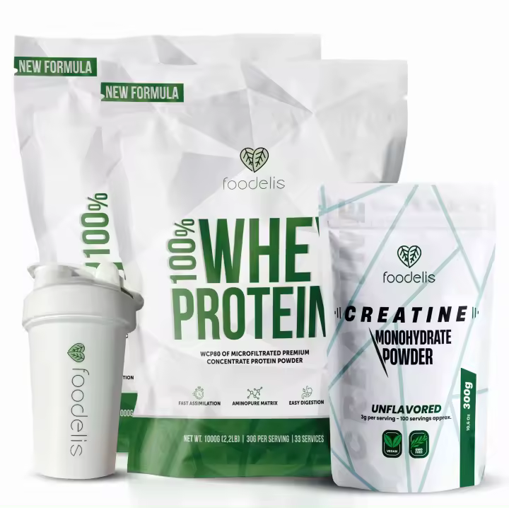 Paquete Foodelis Proteínas Whey 2 kg + Creatina Monohidratada 300g + Shaker de Regalo - Suplementos Deportivos de Alta Calidad - 1