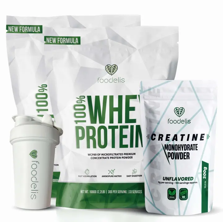 Paquete Foodelis Proteínas Whey 2 kg + Creatina Monohidratada 300g + Shaker de Regalo - Suplementos Deportivos de Alta Calidad - 1