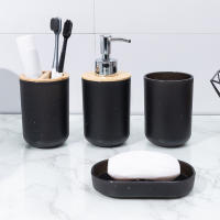 Porta Cepillo De Dientes Negro De Plástico Con Tapa De Bambú Dispensador De Loción Caja De Jabón Accesorios De Baño - details 1