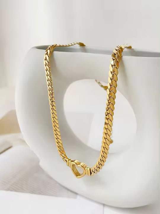 Collar De Corazón Grueso De Acero Inoxidable Con PVD Dorado Para Mujer Peri'sbox Joyería De Moda De Cadena Larga Y Hueca - 1