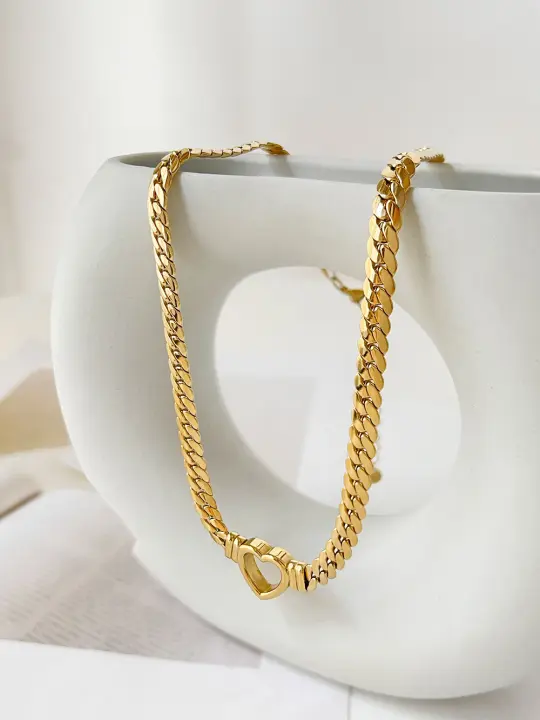 Collar De Corazón Grueso De Acero Inoxidable Con PVD Dorado Para Mujer Peri'sbox Joyería De Moda De Cadena Larga Y Hueca - 1