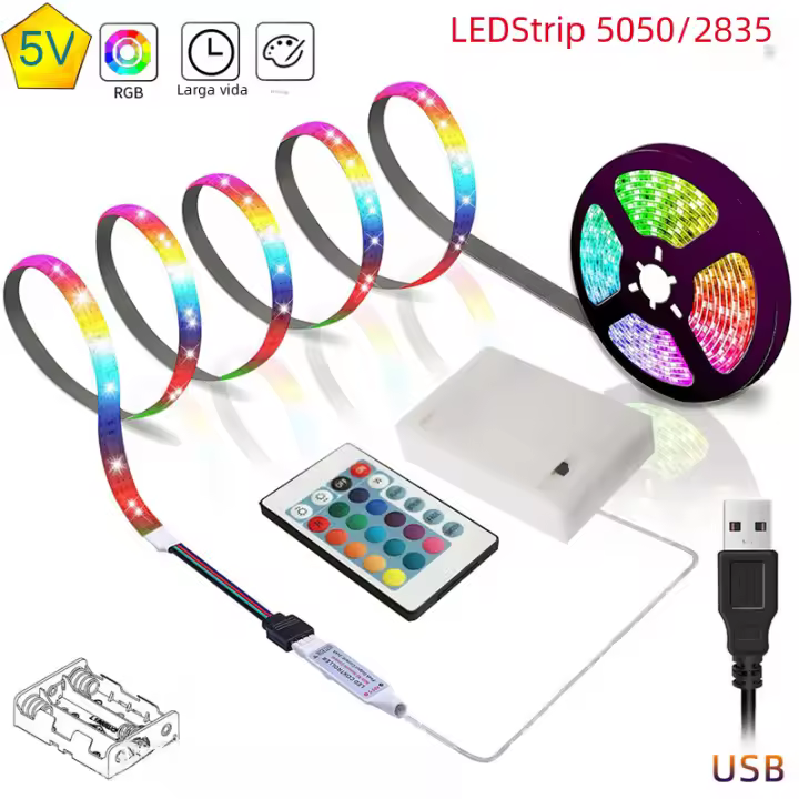 Tiras LED RGB Flexibles 5V 5050SMD Con Batería 3AA Luz De Ribera Para Habitación Vanidad Computadora Armario De Vino - 1