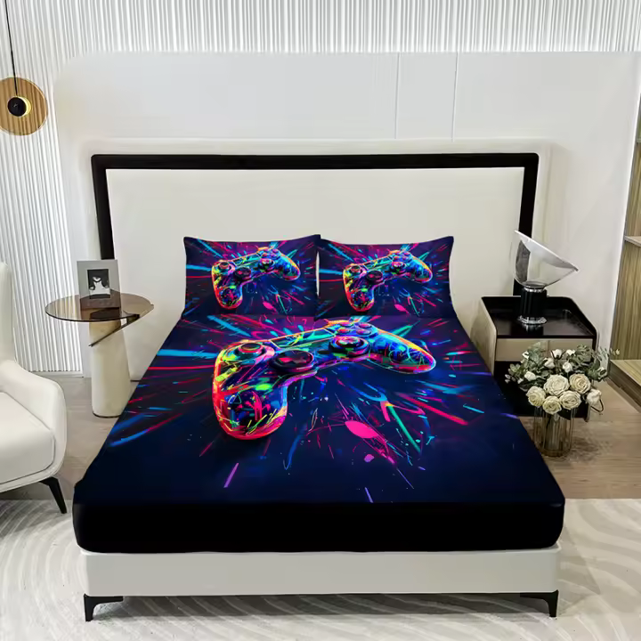 3PC Juego De Sábanas Para Cama Con Diseño De Juego Colorido Y Brillante 1 Sábana De Encaje + 2 Fundas Para Almohadas Técnica De Impresión Digital Adecuado Para Todas Las Estaciones - 1