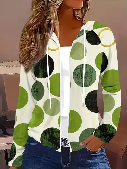 Chaqueta Casual De Capucha Para Hombres Y Mujeres Verde Negro Blanco Con Patrón De Círculos Manga Larga Ligera Para Primavera Y Otoño - 1
