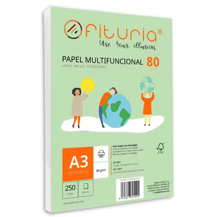 Paquete de folios A3 de 80gr con 250 Hojas Blancas, Papel Multifuncional para Uso Escolar y Entornos Laborales. Ideal con impresoras láser, de inyección o fotocopiadoras - Ofituria - 1