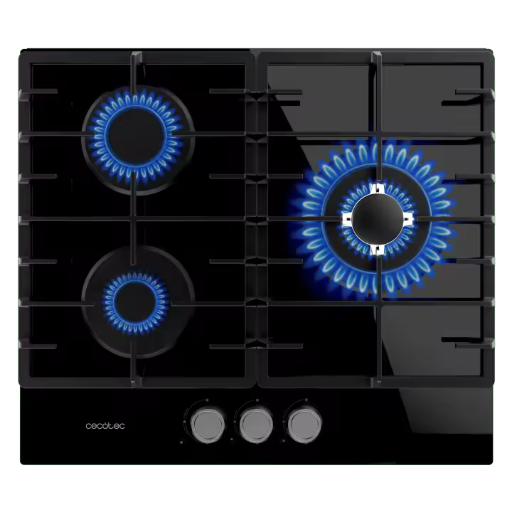 Placa de gas Bolero Squad G 3200F Glass Black 3 fuegos con parrillas de hierro y quemador WOK potente - 1