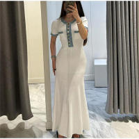 Vestido Maxi De Punto Elegante Para Mujer Con Cuello Redondo Y Manga Corta Botones Metálicos Ajustado Para Oficina Y Viajes - details 6