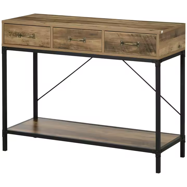 HOMCOM Mesa consola, mesa de recibidor, extremo de sofá, estructura de acero al carbono, fácil montaje, con 3 cajones y 1 tablero con aspecto de madera, diseño industrial, 100 x 35 x 76,5 cm, marrón claro - 1