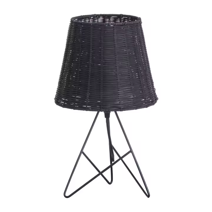 Lámpara de Mesa Industrial Moderna | Modelo Yuan O91 | Lámpara con Tulipa de Ratán Negra y Base de Metal Blanca | Lámpara para Salón, Comedor o Mesitas de Noche | 22,5x22,5x37cm - 1