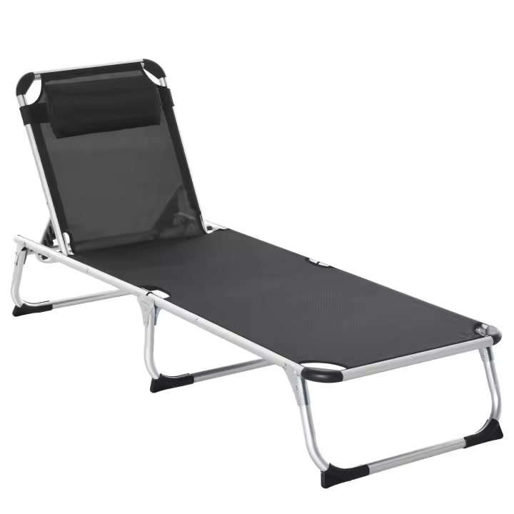 Outsunny Tumbona Plegable Reclinable de Aluminio con Reposacabezas Extraíble y Respaldo Transpirable Ajustable en 4 Posiciones para Jardín Terraza Camping Exterior 170x60x76 cm Negro - 1