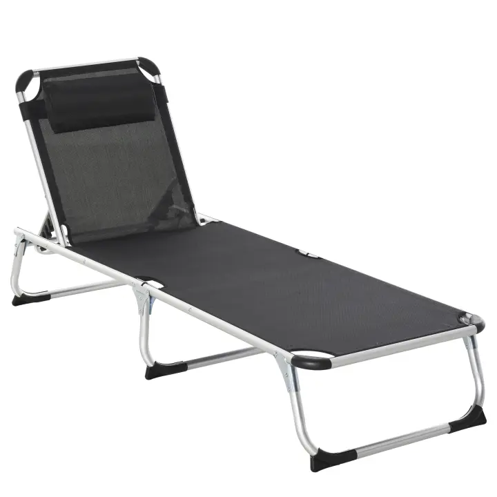Outsunny Tumbona Plegable Reclinable de Aluminio con Reposacabezas Extraíble y Respaldo Transpirable Ajustable en 4 Posiciones para Jardín Terraza Camping Exterior 170x60x76 cm Negro - 1