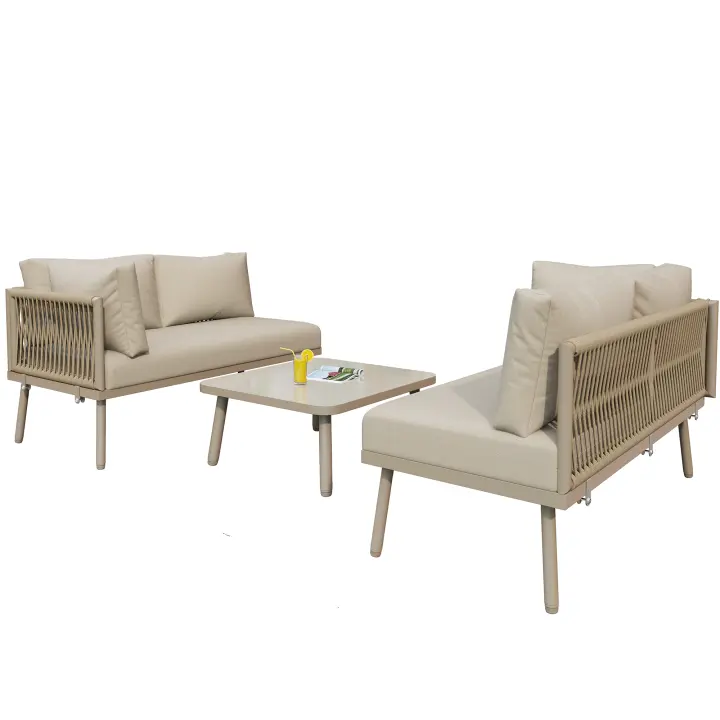 Conjunto de muebles de Jardín de Hierro, Conjunto de muebles de Jardín, Conjunto de muebles de Jardín en forma de L, Conjunto de Salón con muebles de asiento, Pies ajustables, 2 sofás Y 1 Mesa - 1