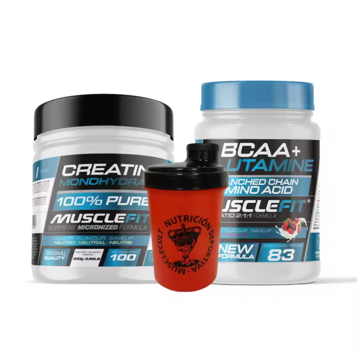 MUSCLEFIT Pack Ahorro Glutamina + Bcaa´s 500g - Varios Sabores + Creatina Monohidrato 300g - Sin Sabor + Shaker (regalo) │MUSCLECULT - 1