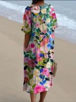 Vestido Midi De Algodón Y Lino Sólido Para Mujer Estilo Casual Verano Manga Corta Cuello En V Vestido De Playa Vacaciones - details 4