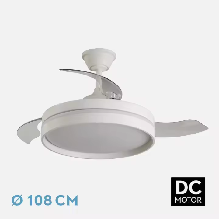 Ventilador Dc Mandarin Blanco 72w 3aspas 108 cm y cerrado 48cm 2 tijas| Ahorro de Energia| Dimable y con Regulador de intensidad 7200lm | 6 velocidades | Calido(3000k) - Neutro(4000k) - Fria(6500k) | Control Remoto, memoria, temporizador Fabrilamp - 1