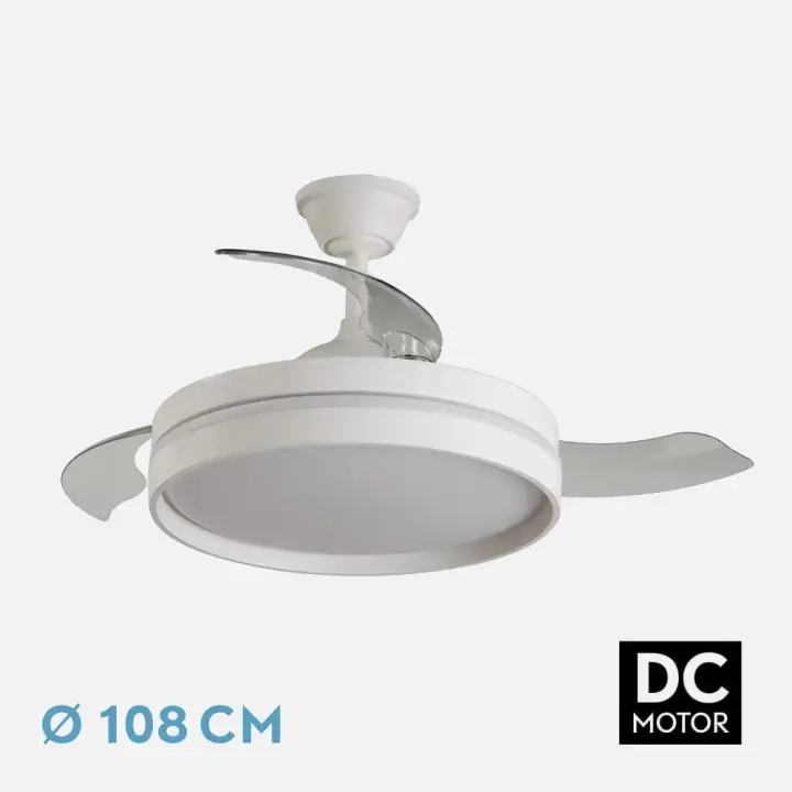 Ventilador Dc Mandarin Blanco 72w 3aspas 108 cm y cerrado 48cm 2 tijas| Ahorro de Energia| Dimable y con Regulador de intensidad 7200lm | 6 velocidades | Calido(3000k) - Neutro(4000k) - Fria(6500k) | Control Remoto, memoria, temporizador Fabrilamp - 1