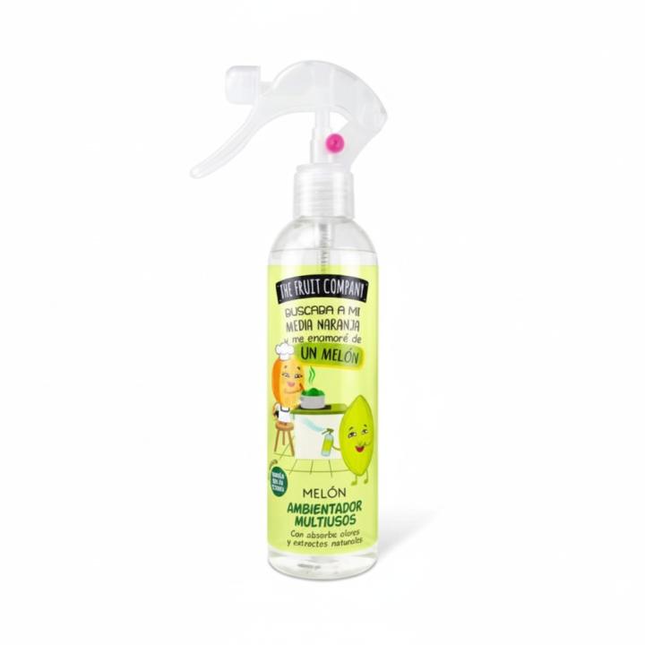 Ambientador Multiusos Melón The Fruit Company. Fragancia dulce y fresca que neutraliza olores en baño, cocina, tejidos y zona mascotas. Fórmula con extractos naturales y pulverizador con cierre de seguridad. 🚚 Envíos a España 24/48 horas.